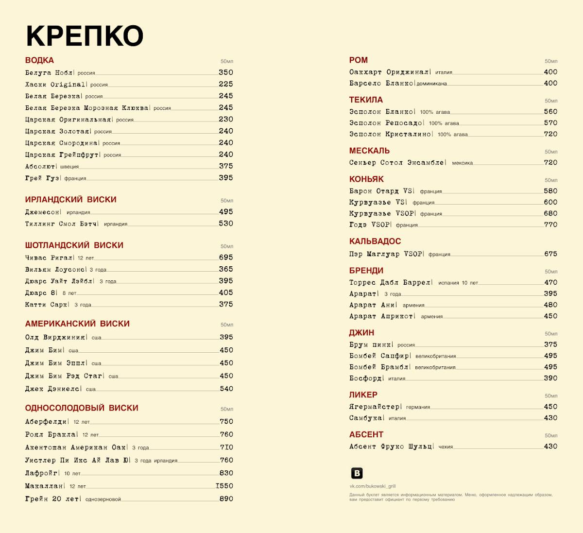 Буковски Гриль меню