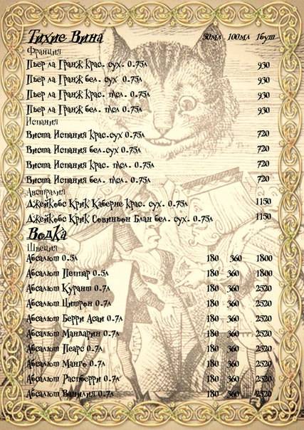 арт-кафе Страна Чудес меню
