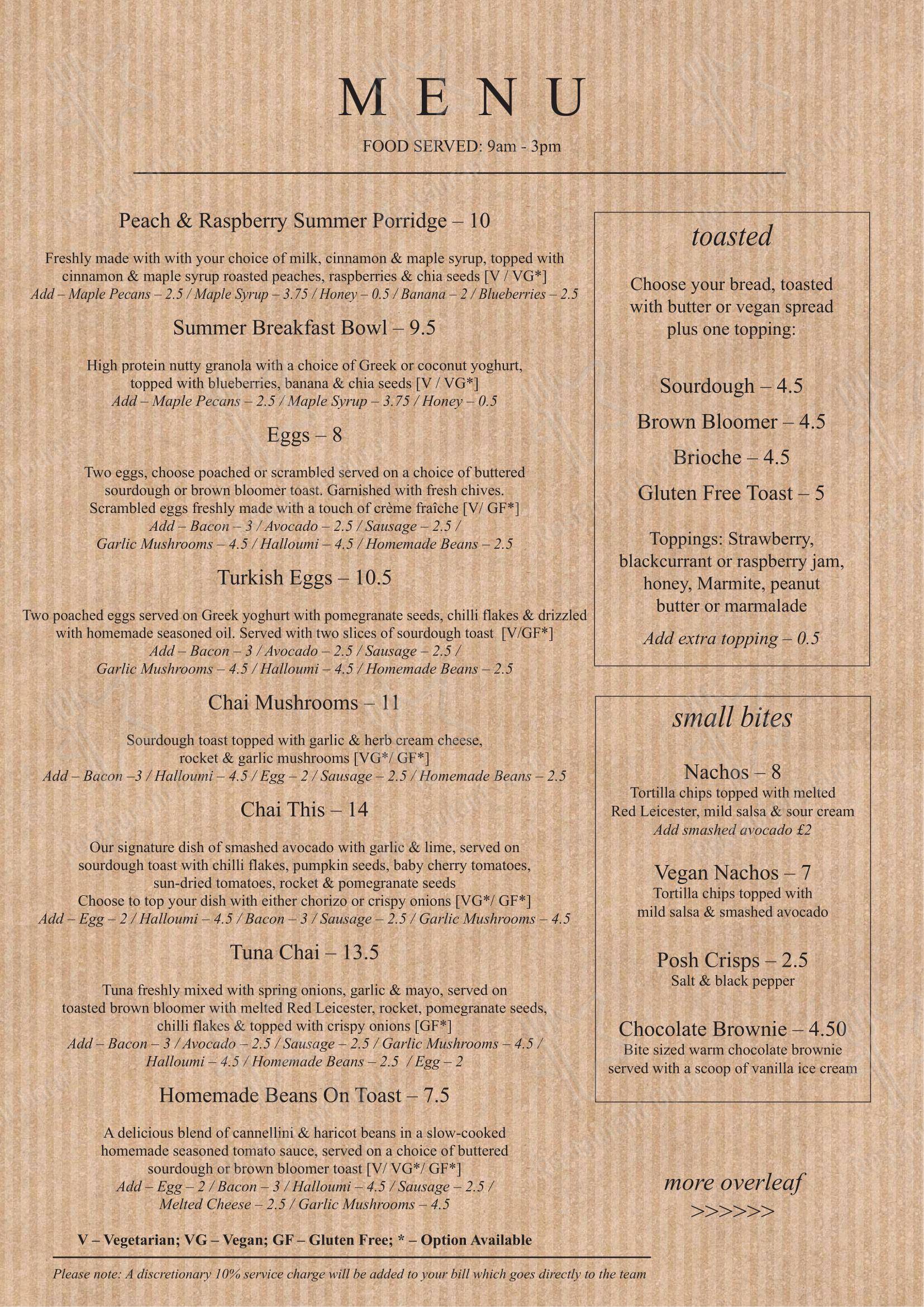 Меню кафе Café Chai Ltd в Банстеде