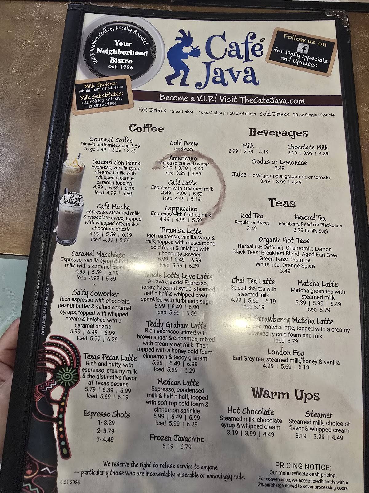 Cafe Java меню