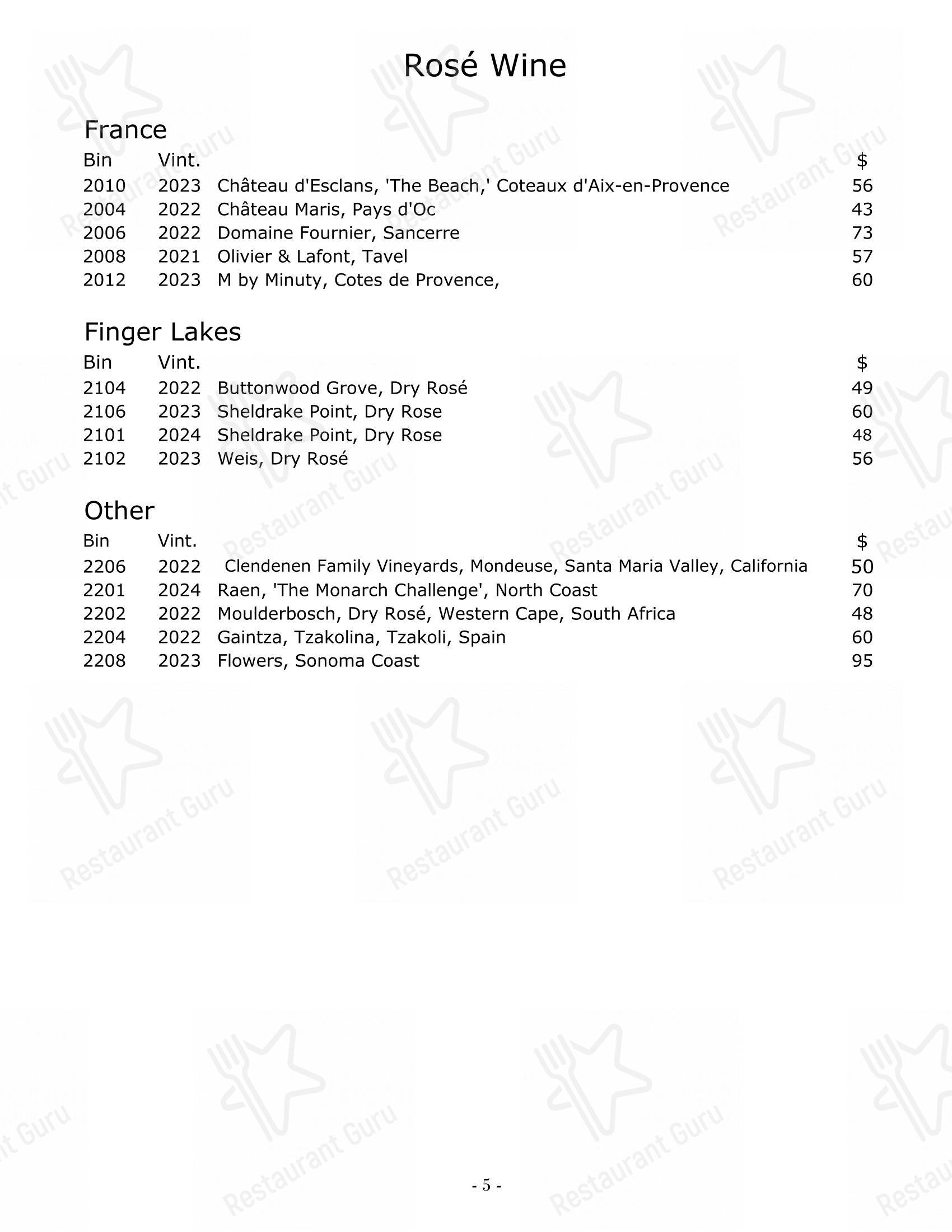 Menu bistro паба и бара Char Steak & Lounge
