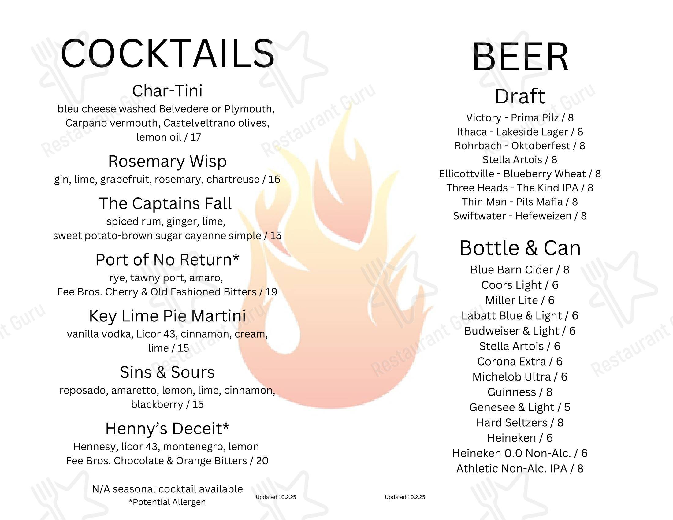 Table Menu паба и бара Char Steak & Lounge в Рочестере