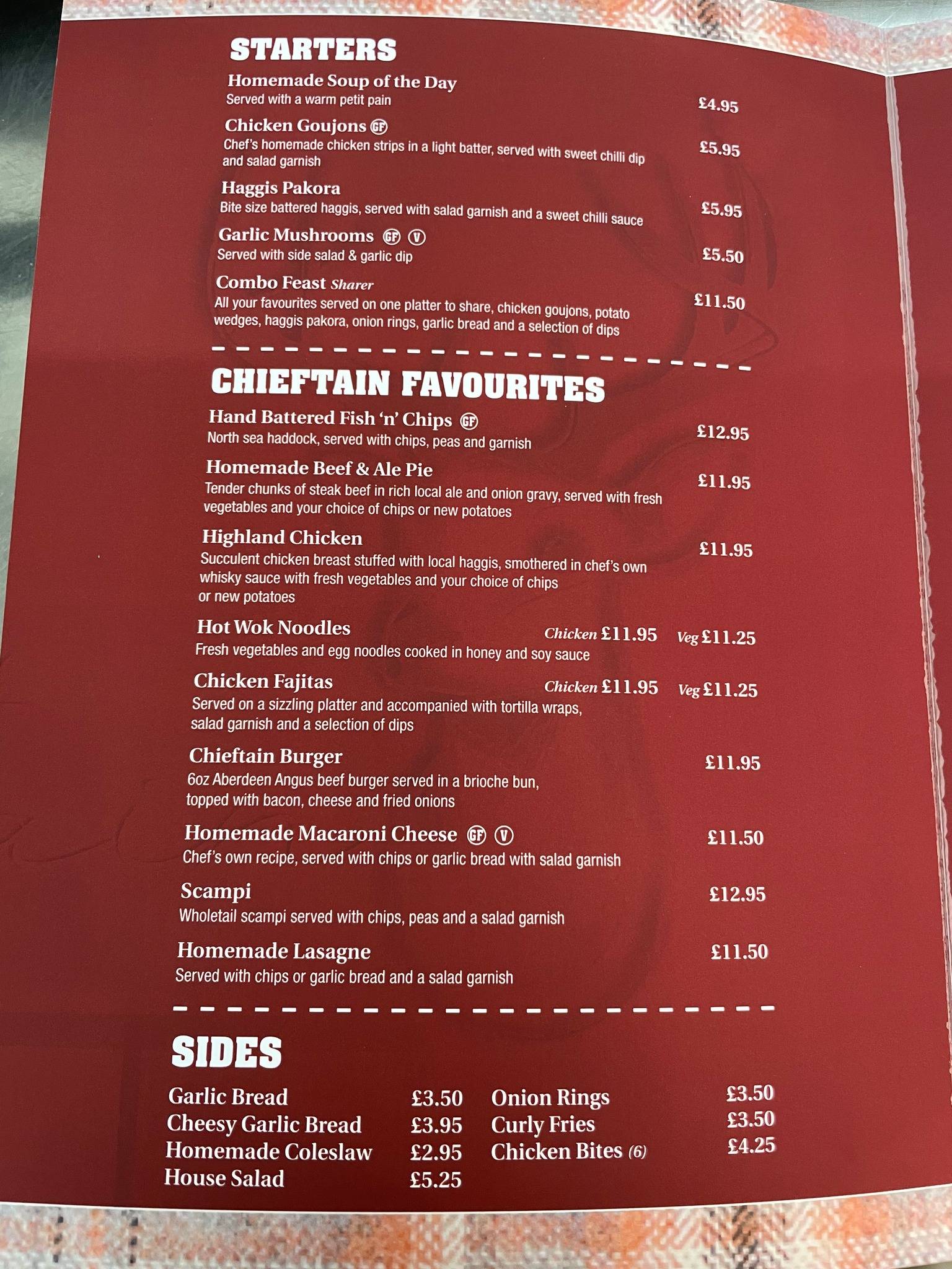 Chieftain Hotel меню