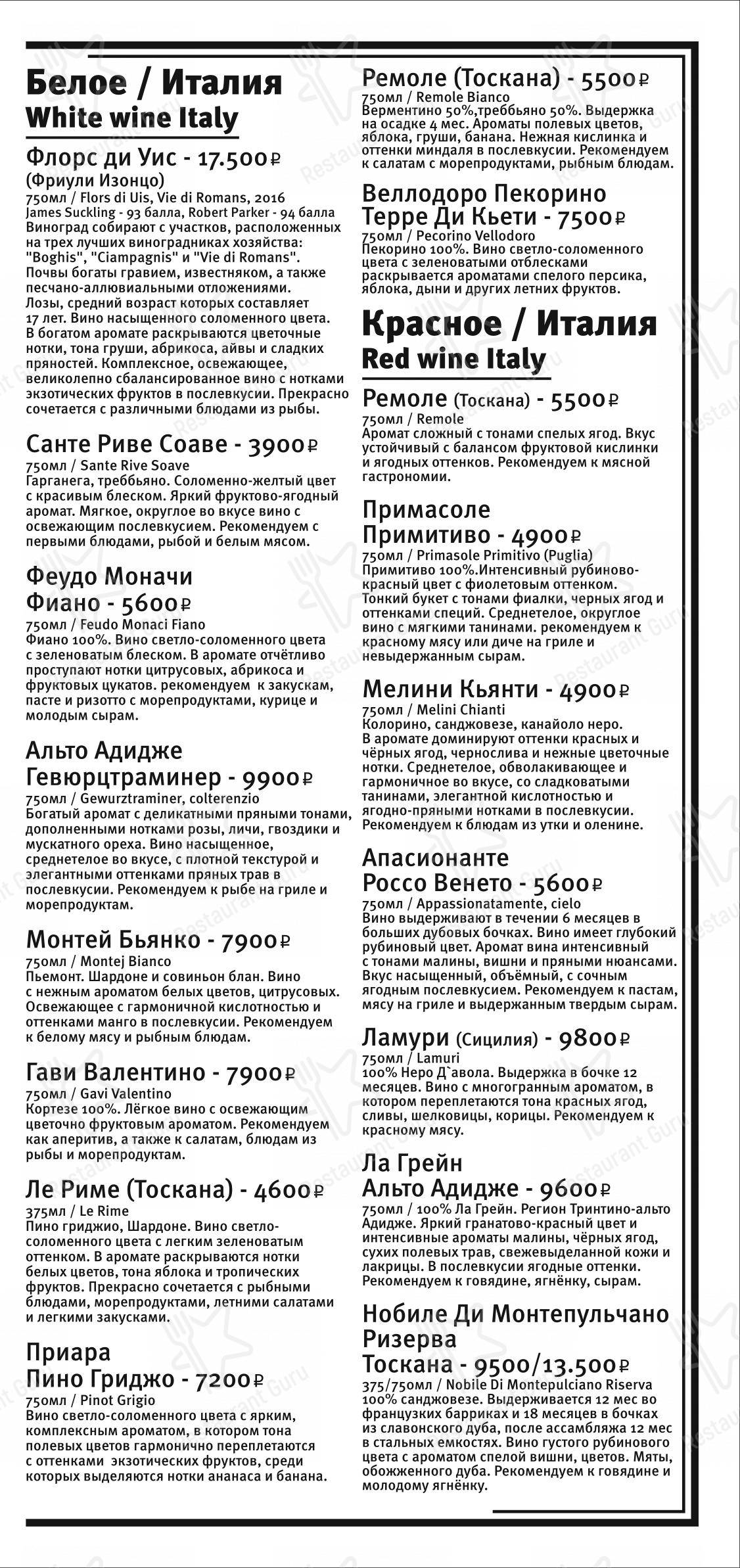 Основное меню паба и бара Черчилль паб в Москве