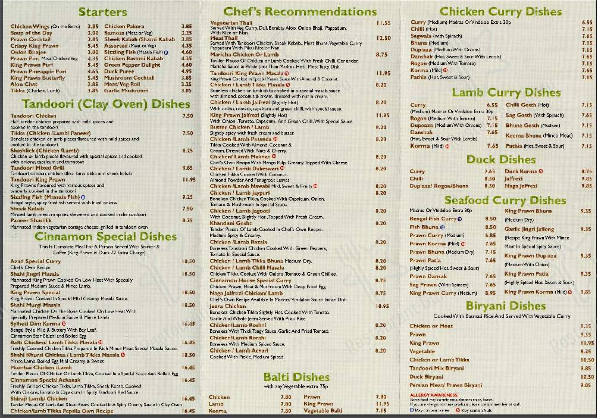 Меню фастфуда Cinnamon Lounge - Dunchurch, Rugby