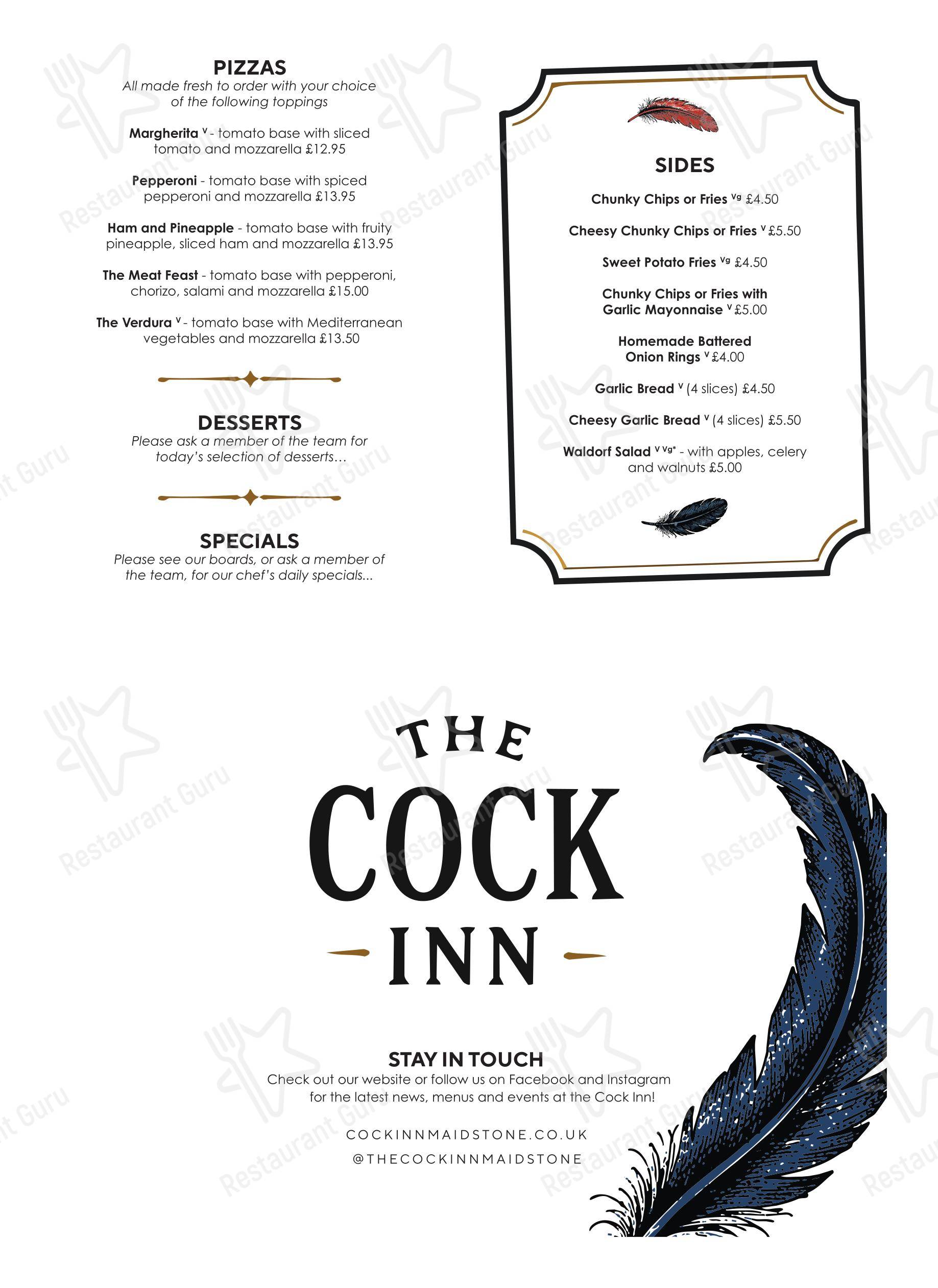 Меню паба и бара Cock Inn в Мейдстоне