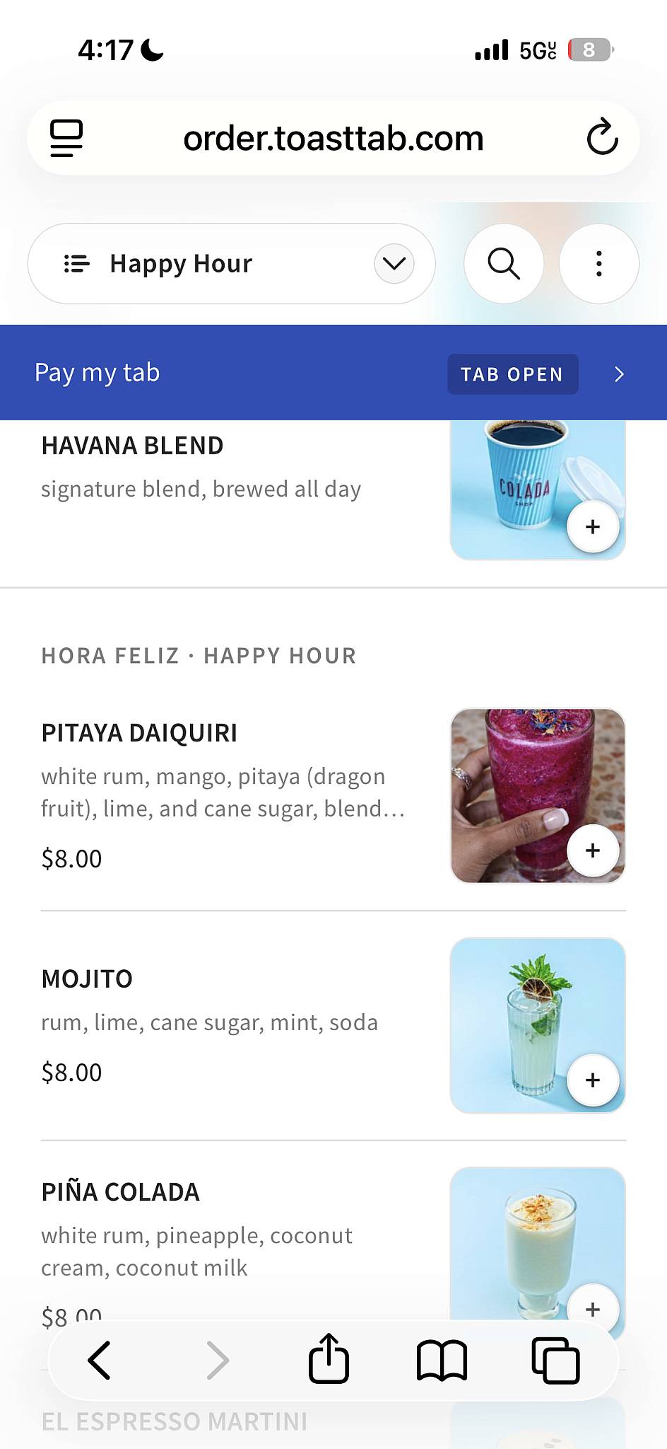 Colada Shop меню