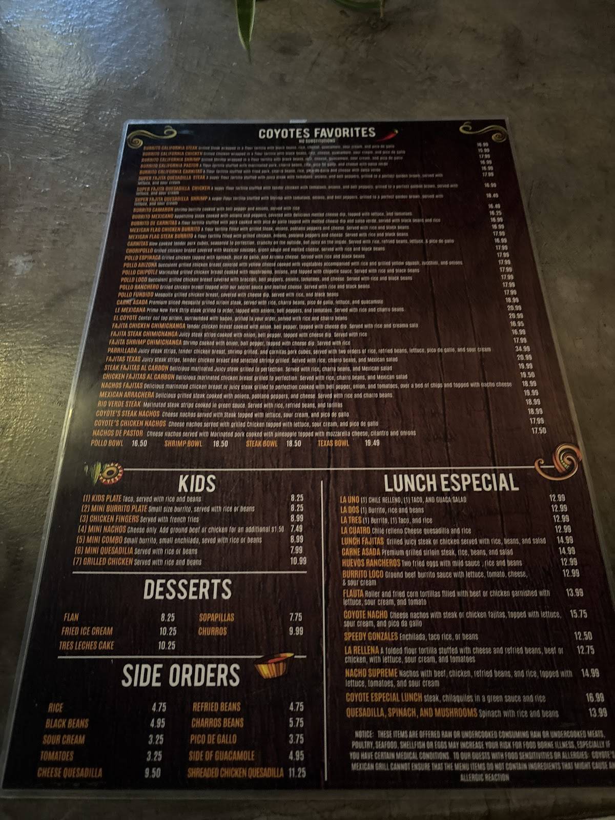 Coyote's Mexican Grill меню