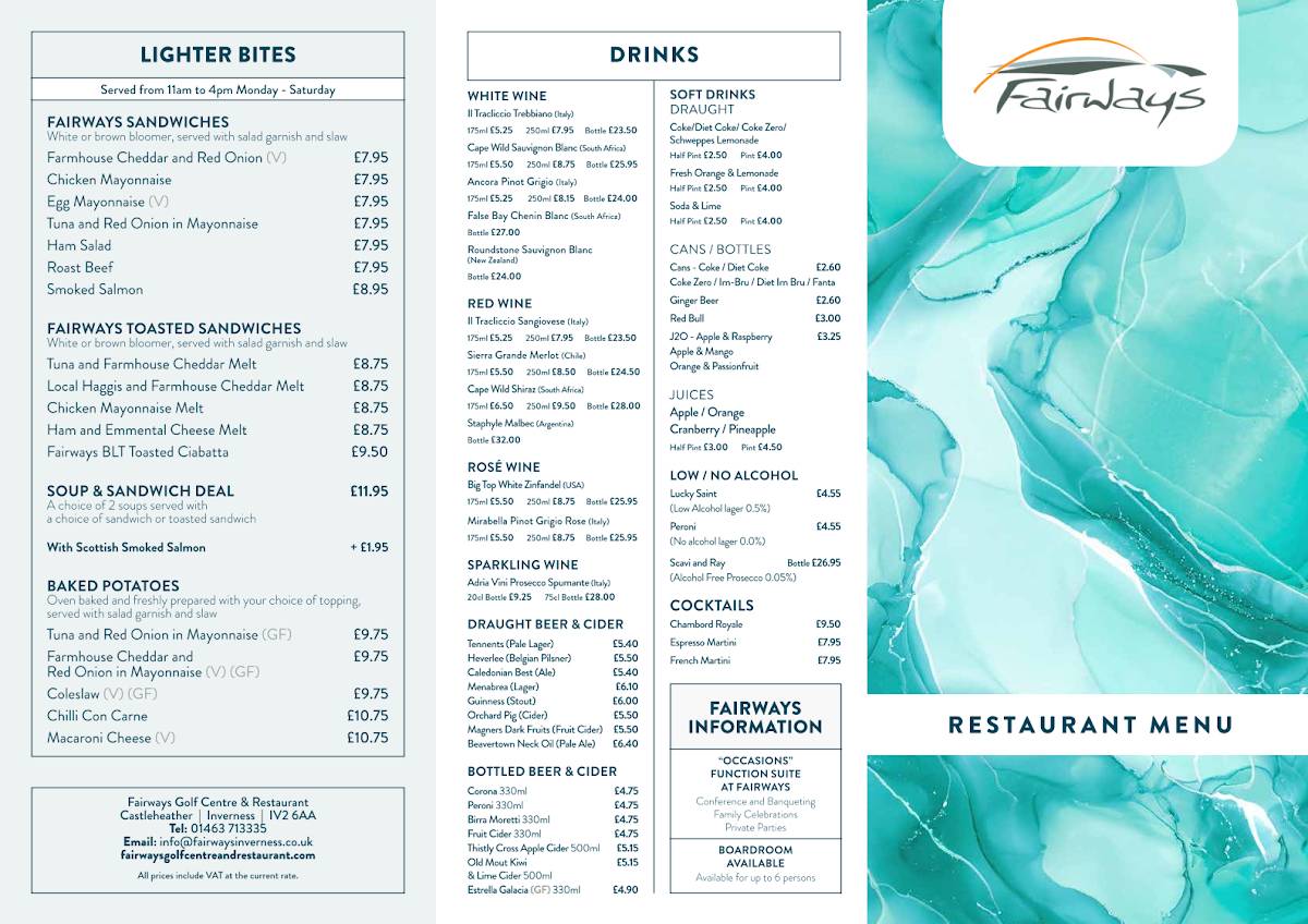 Fairways Golf Centre & Restaurant меню