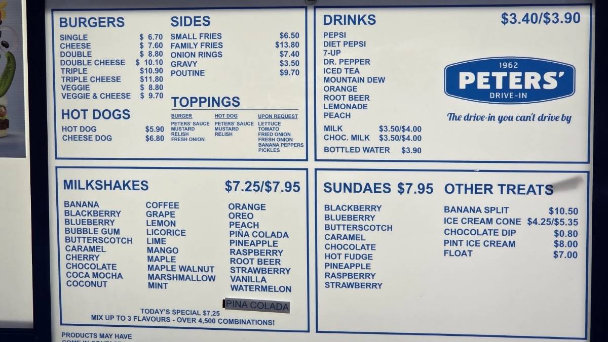 Peters' Drive-In меню