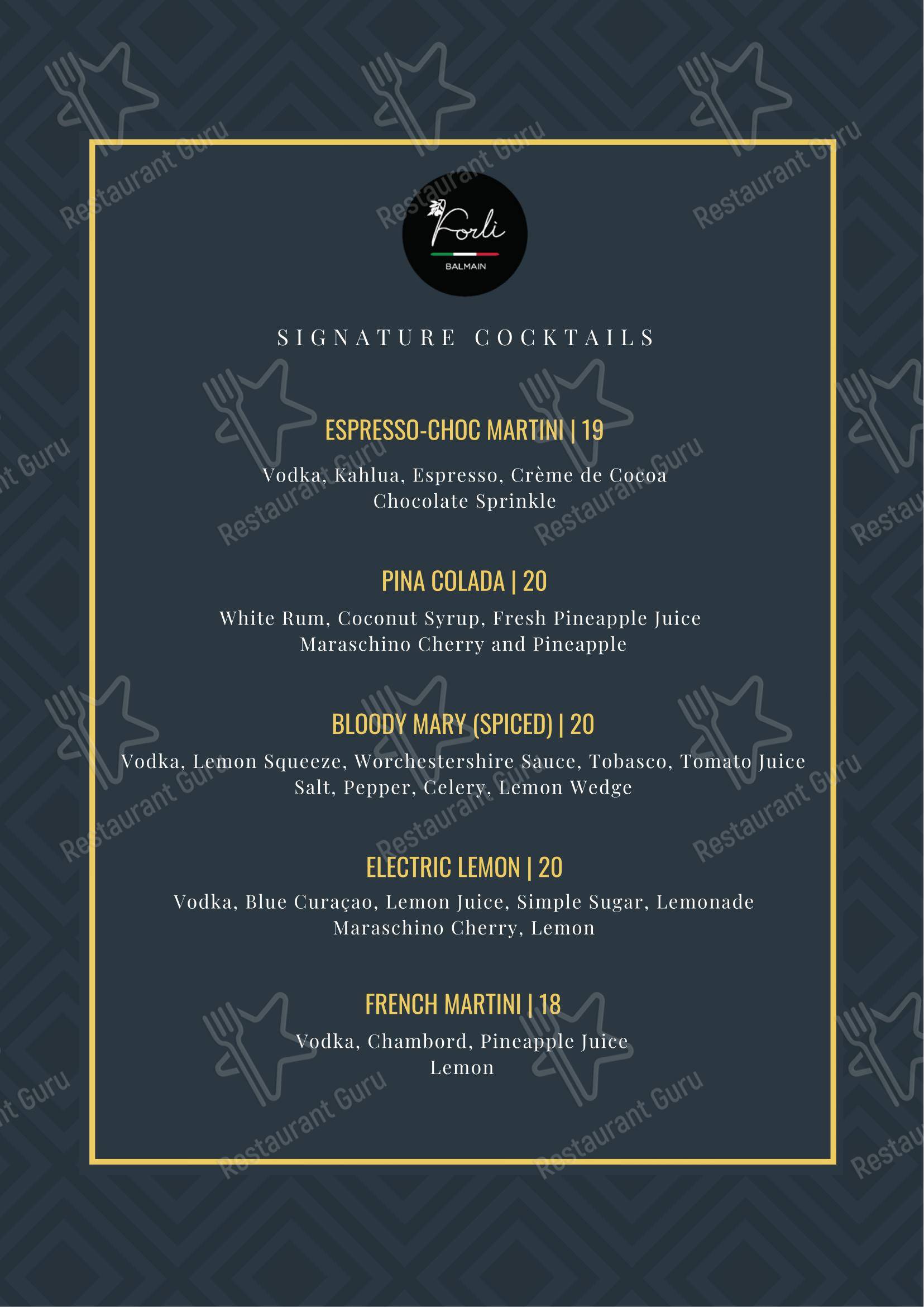 Коктейльная карта ресторана Forli Italian Restaurant в Балмейне