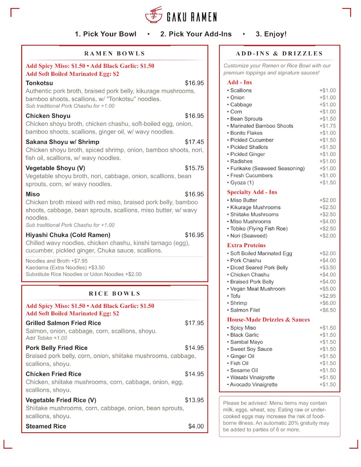 Gaku Ramen Fort Collins меню