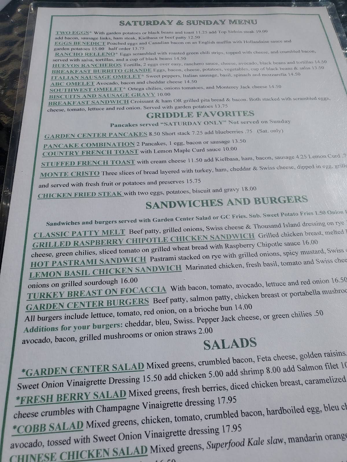 Garden Center Cafe and Grill меню