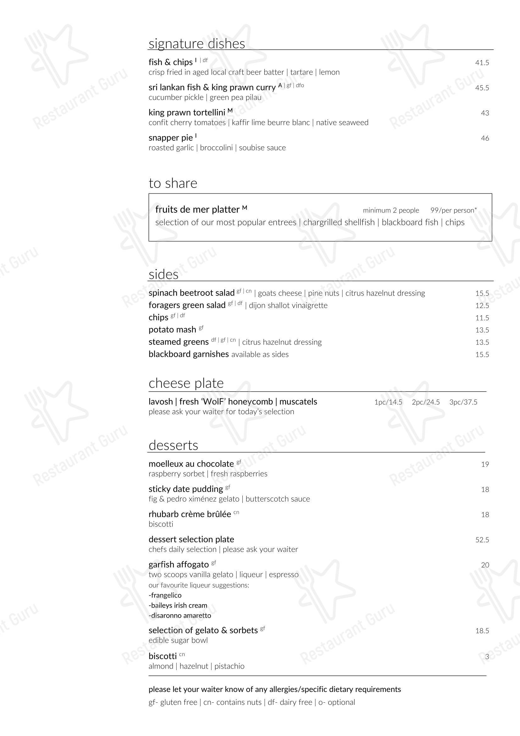 Takeaway Menu ресторана Garfish Manly