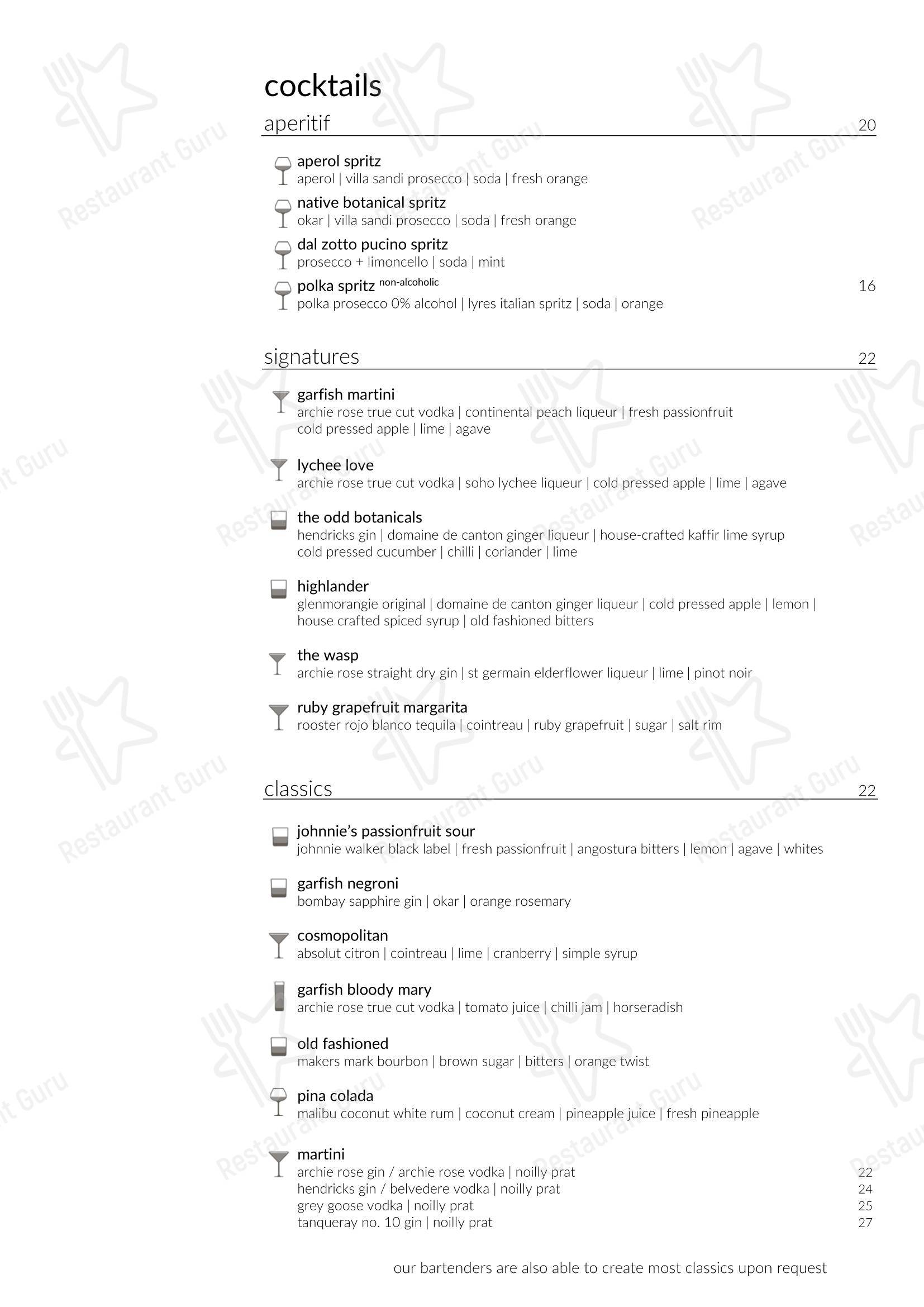 Lunch Menu ресторана Garfish Manly в Манли