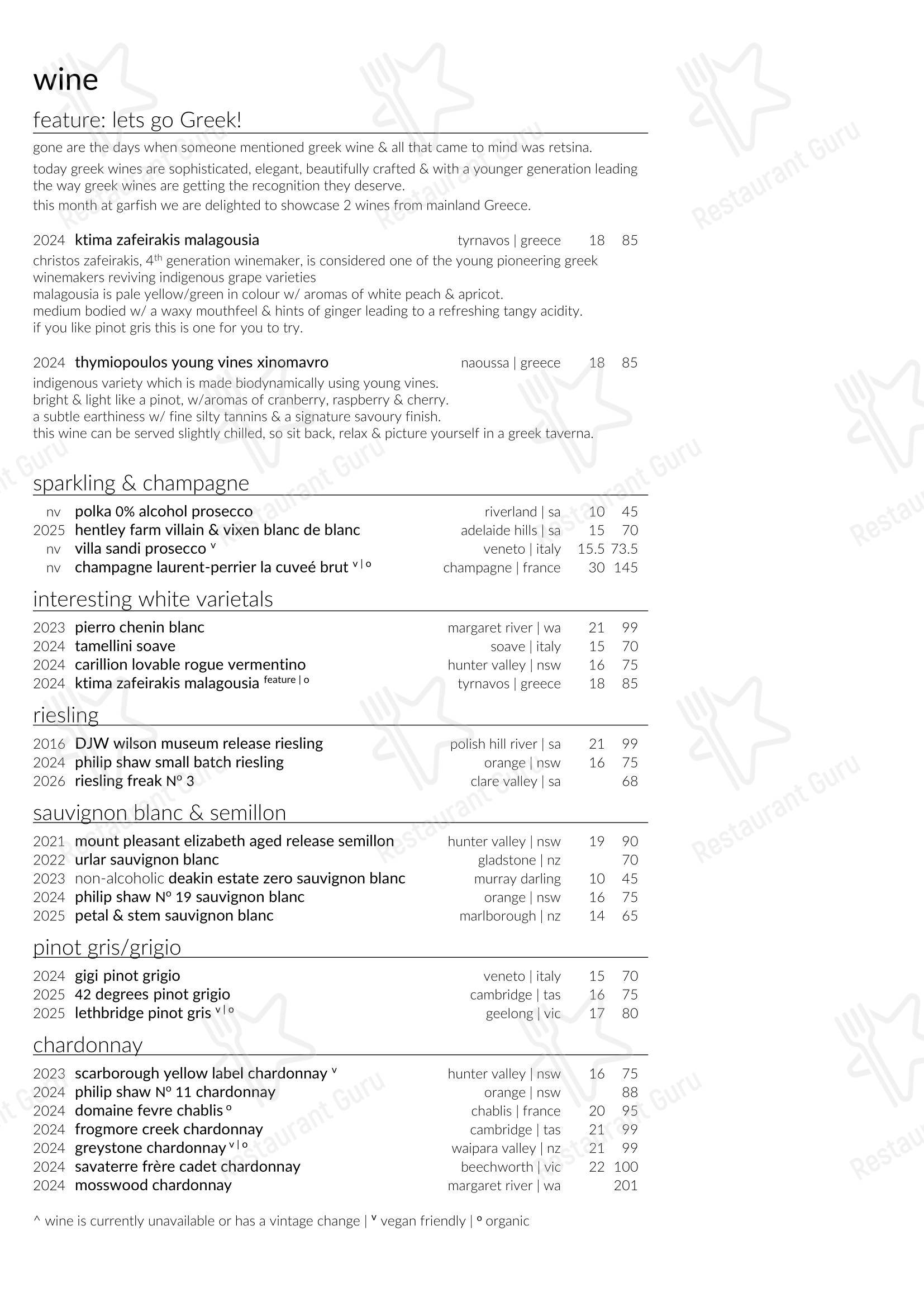 Меню ресторана Garfish Manly - Takeaway Menu