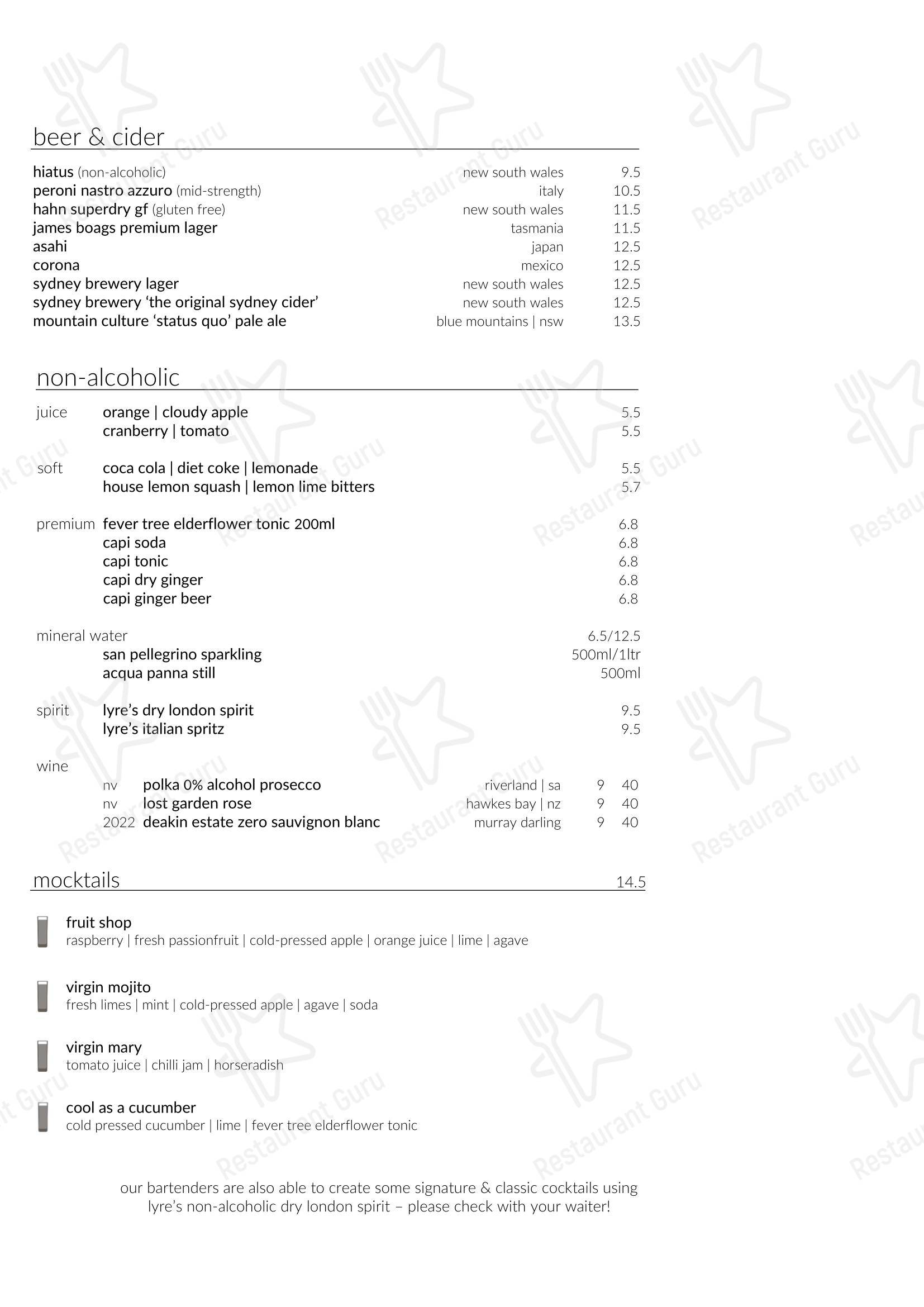 Lunch Menu ресторана Garfish Manly в Манли