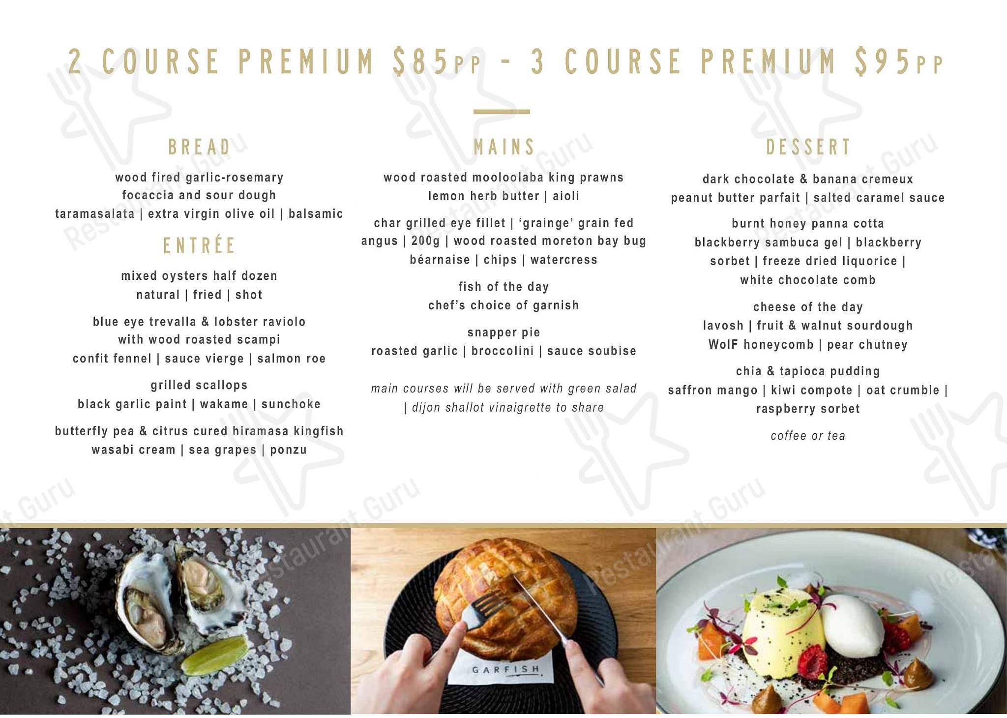 Table Menu ресторана Garfish Manly