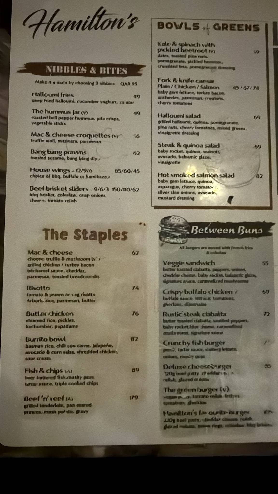 Hamilton's меню