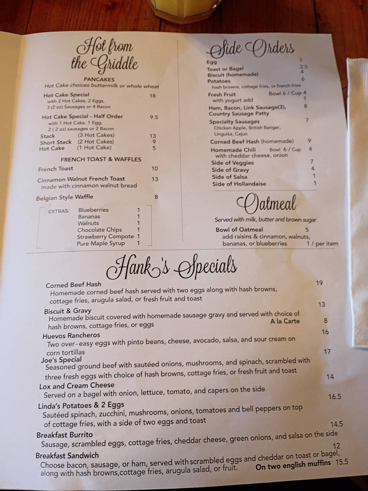Hank's Creekside Restaurant меню