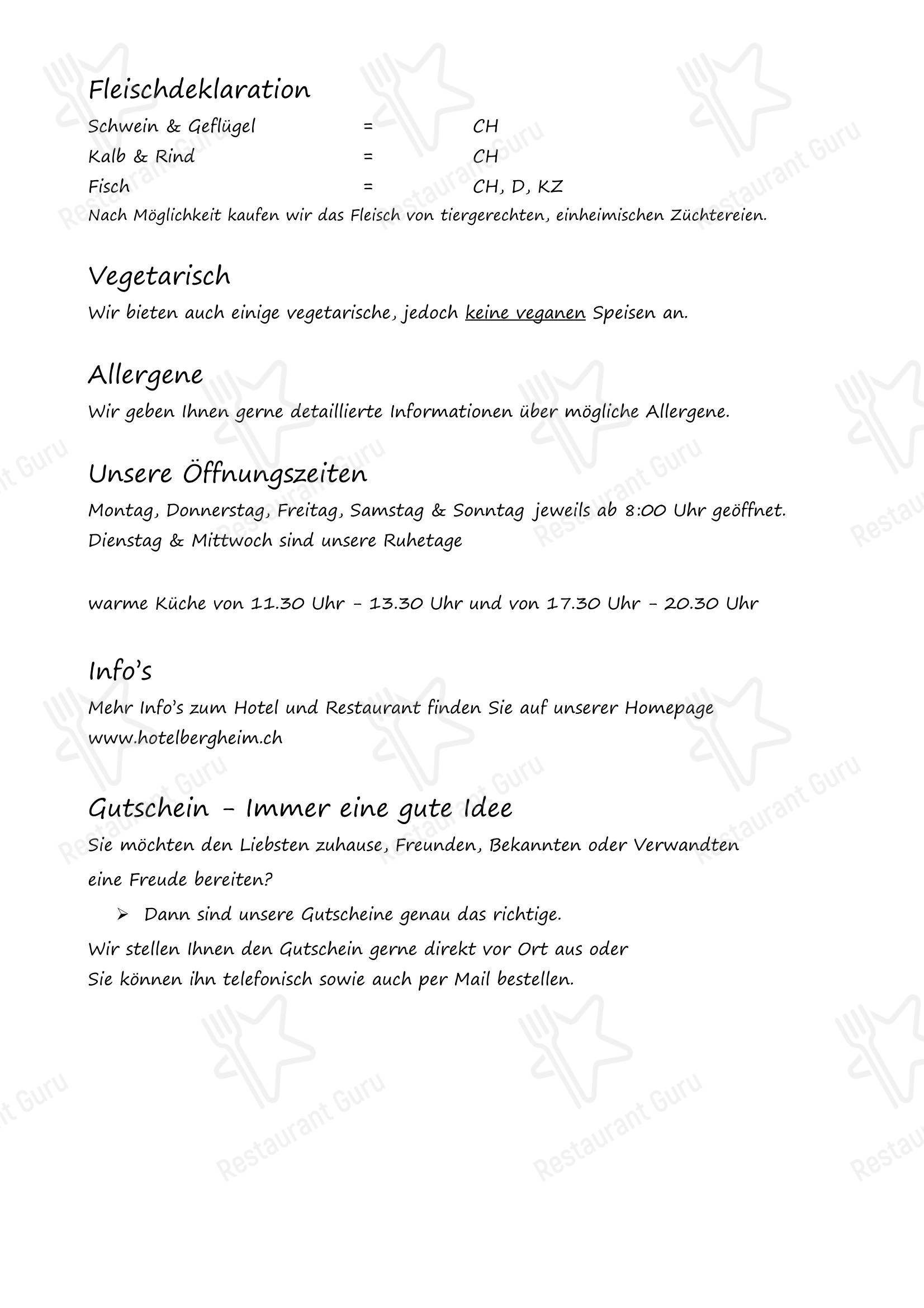 Меню ресторана Hotel - Restaurant Bergheim в Флумсе