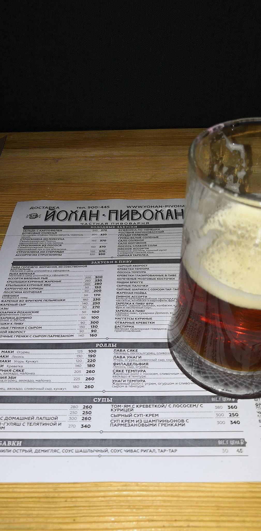Йохан Пивохан меню