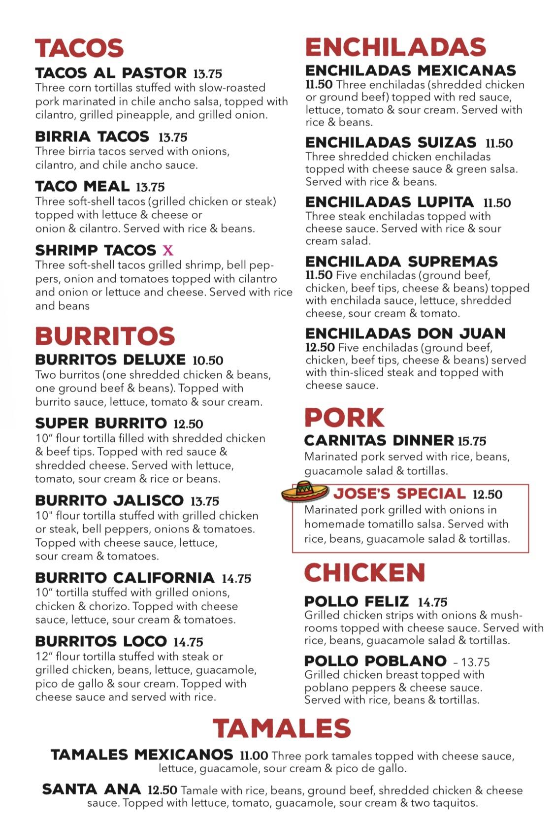 Jose’s Mexican Restaurant меню