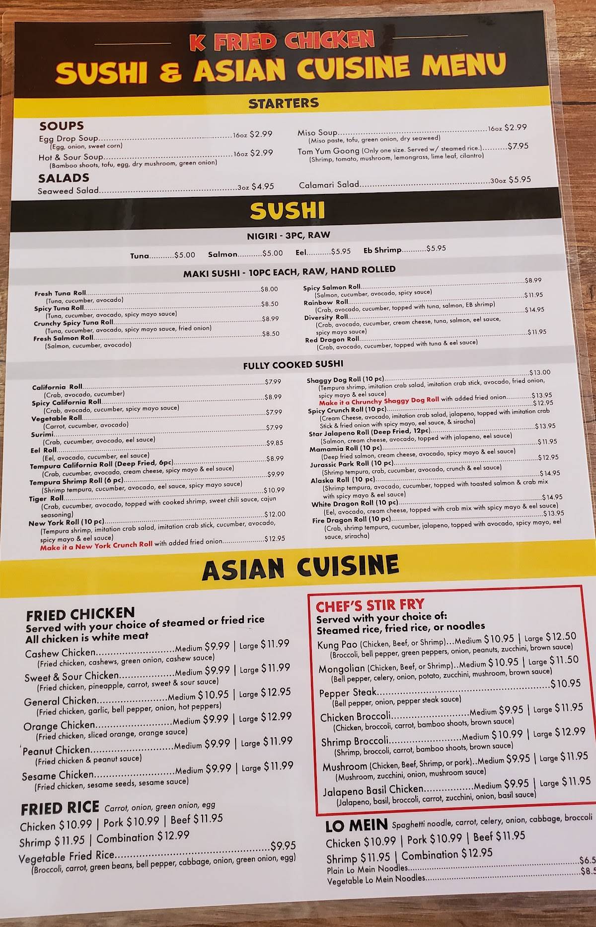 K Fried Chicken & Sushi + Asian Cuisine меню