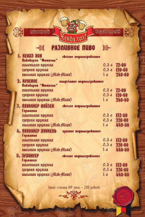 Меню ресторана ХЕНДЕ ХОХ
