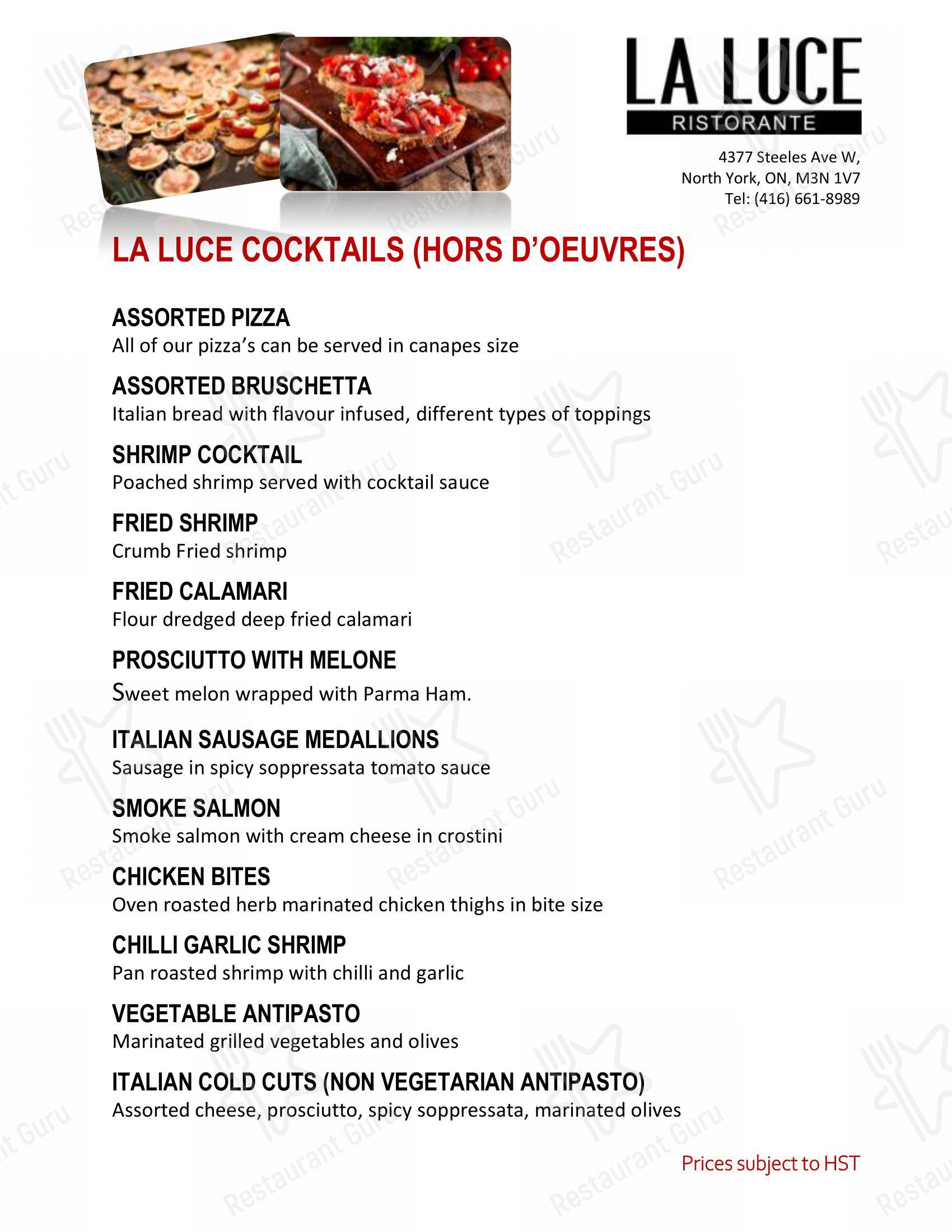 Dinner Menu ресторана La Luce Ristorante ‍ в Торонто