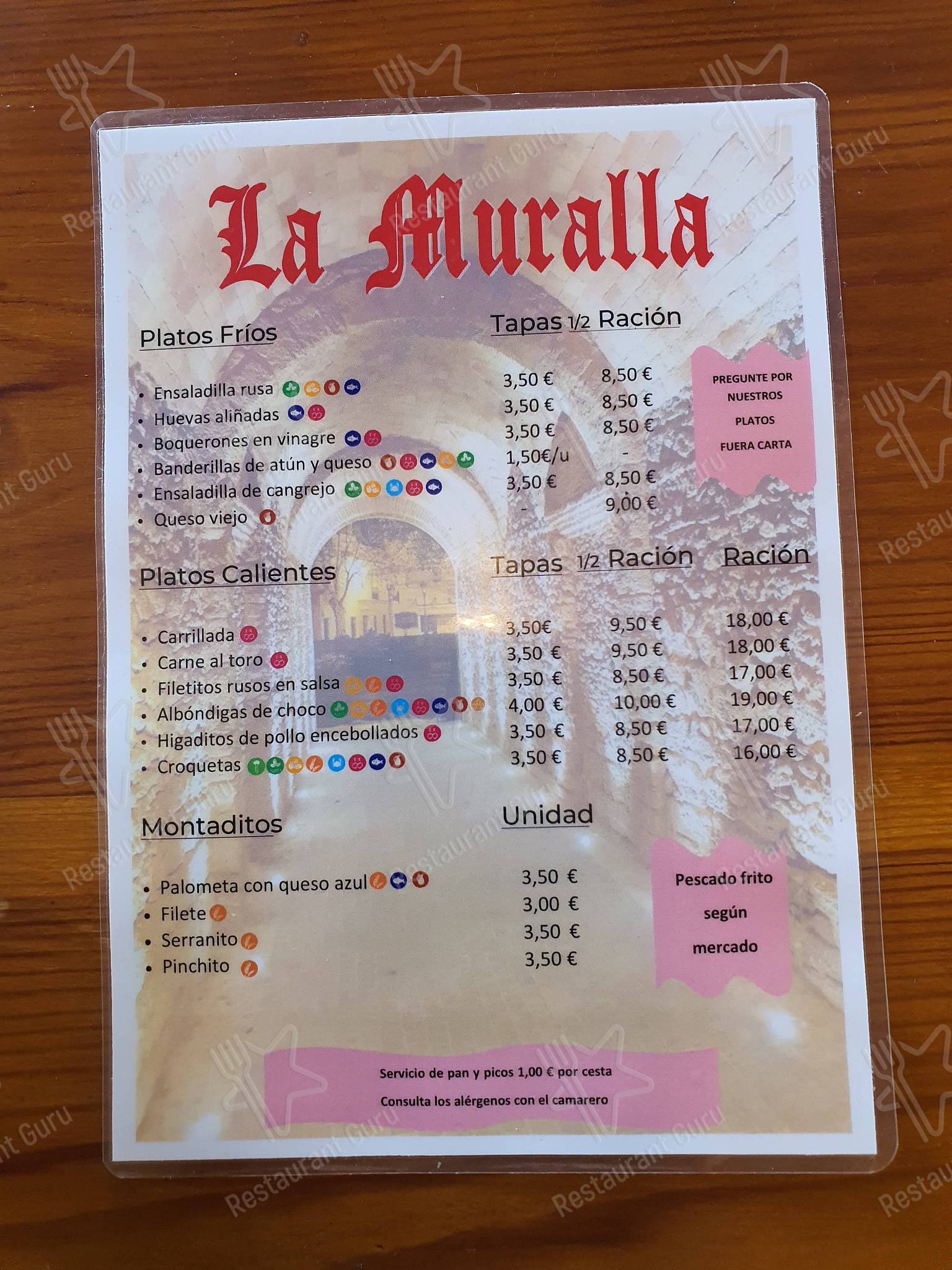 Меню для посетителей паба и бара La Muralla