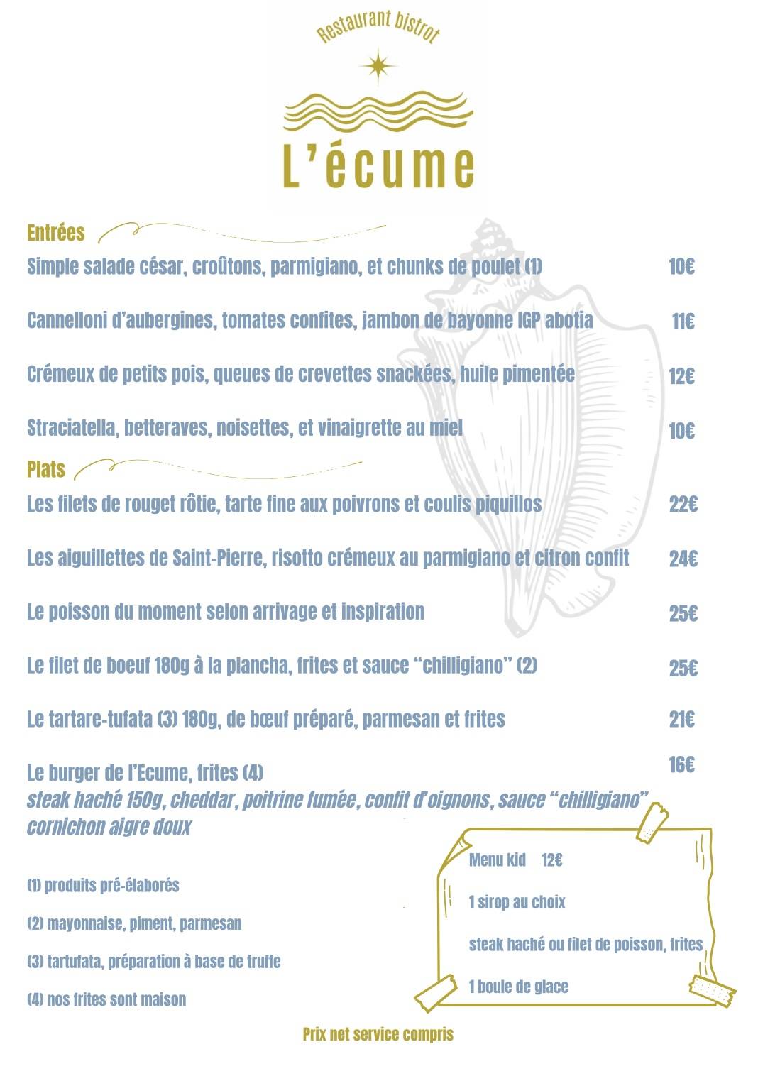 L'écume меню