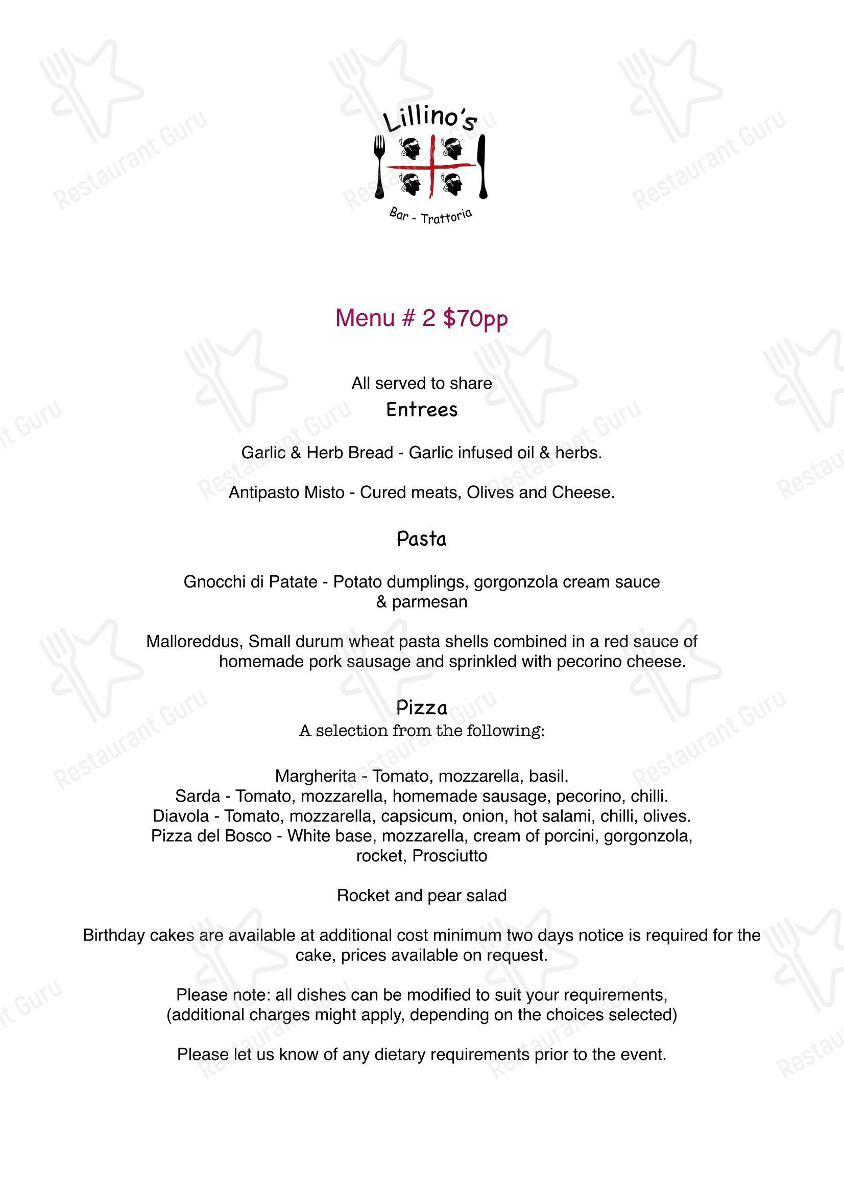 Ночное меню ресторана Lillino's Bar and Trattoria
