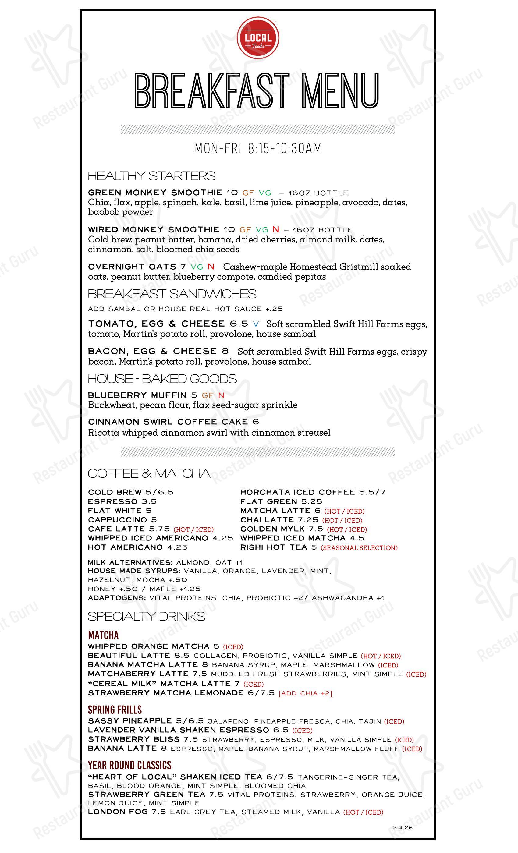 Меню ресторана Local Foods - Rice Village - Sunday Lunch Sample Menu