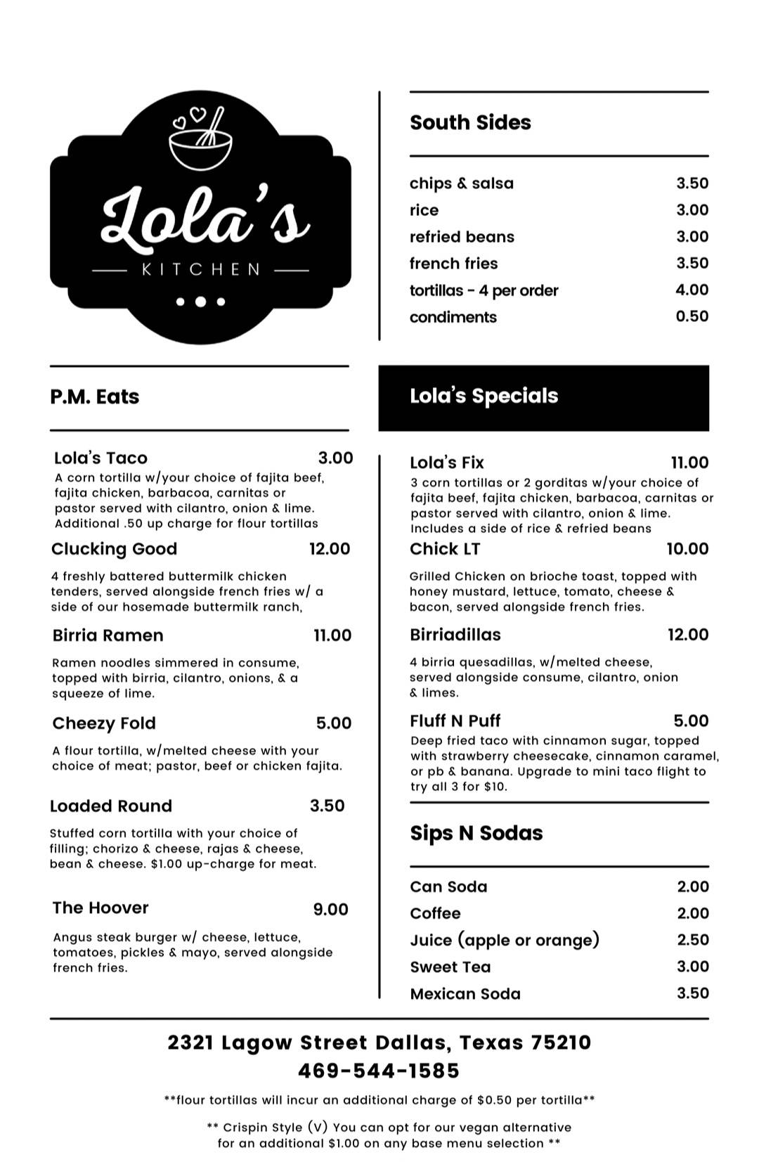 Lola's Kitchen меню