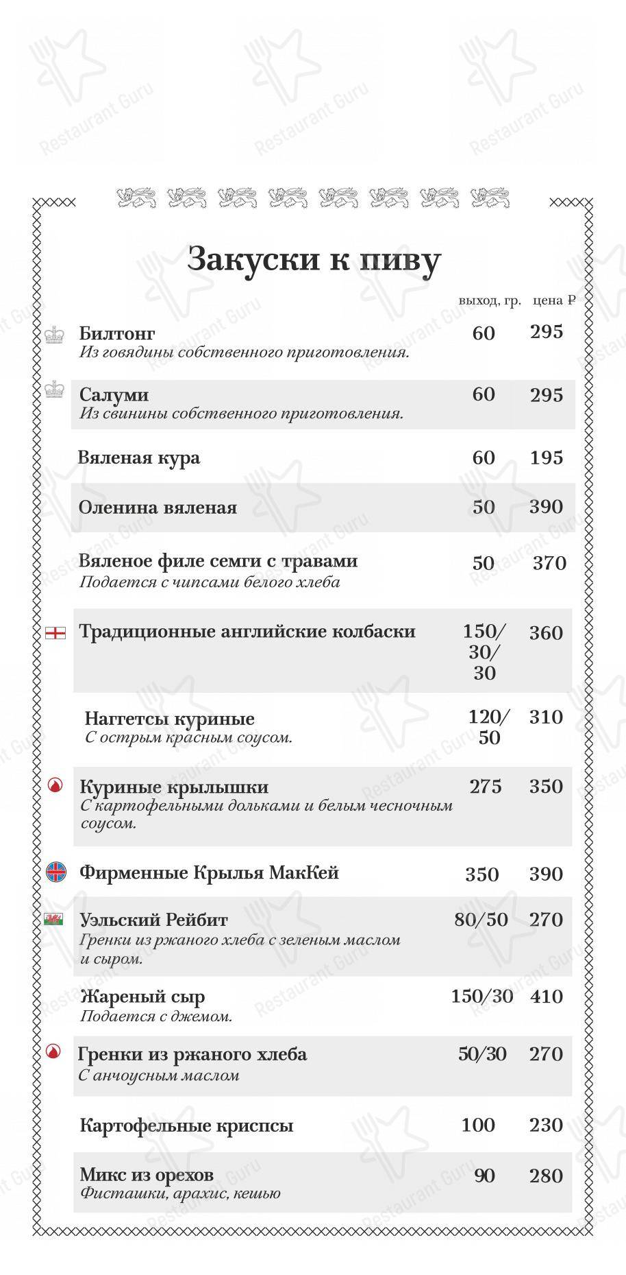 Меню паба и бара МакКей - Детское