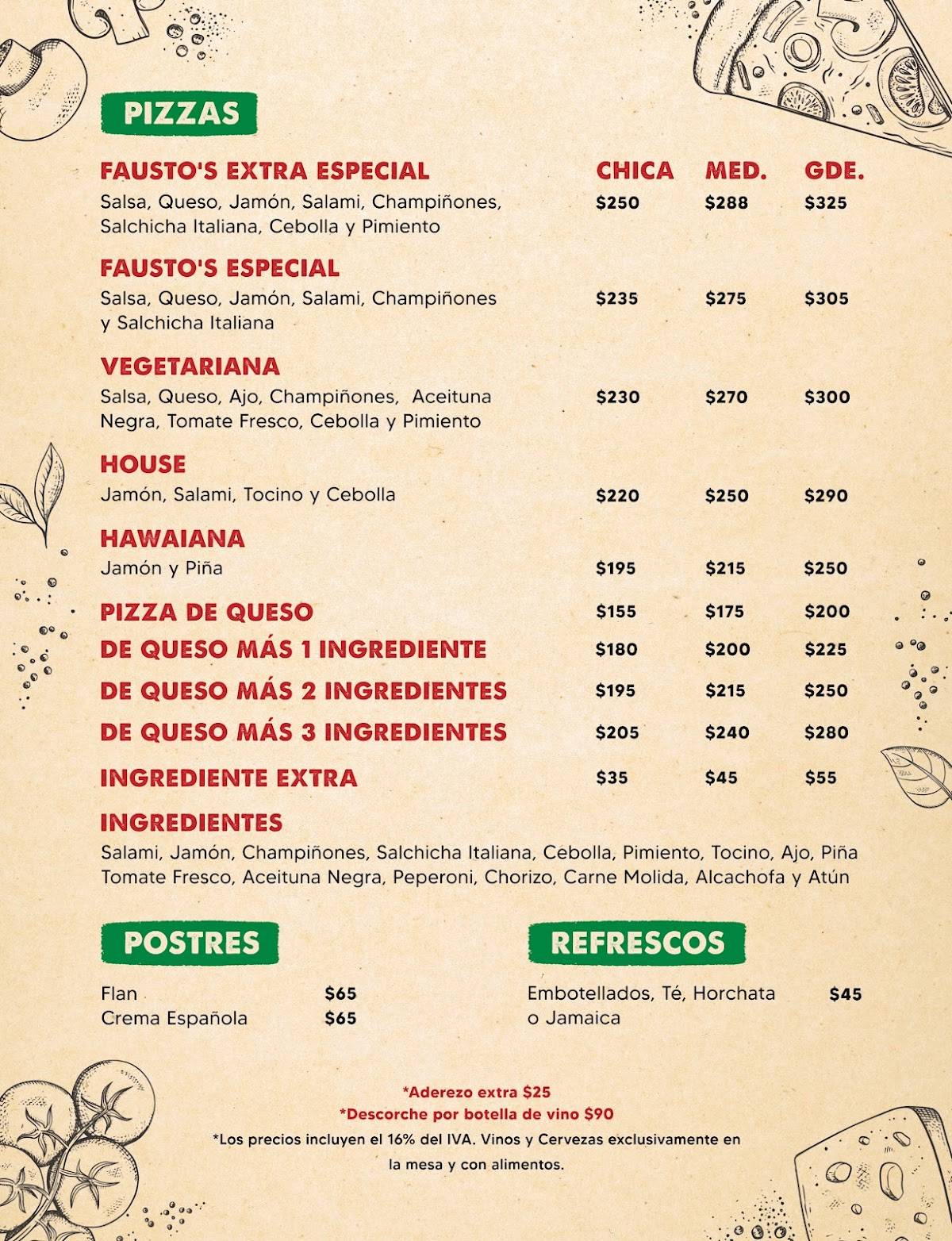 Fausto's Pizzería меню