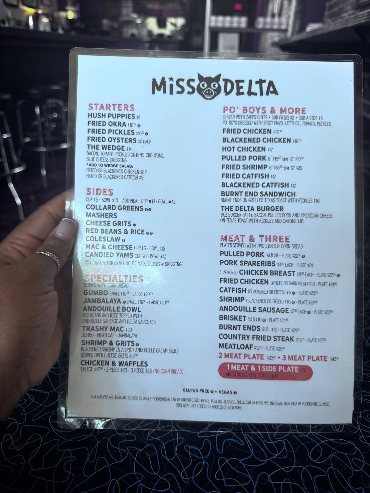 Miss Delta Restaurant and Bar меню