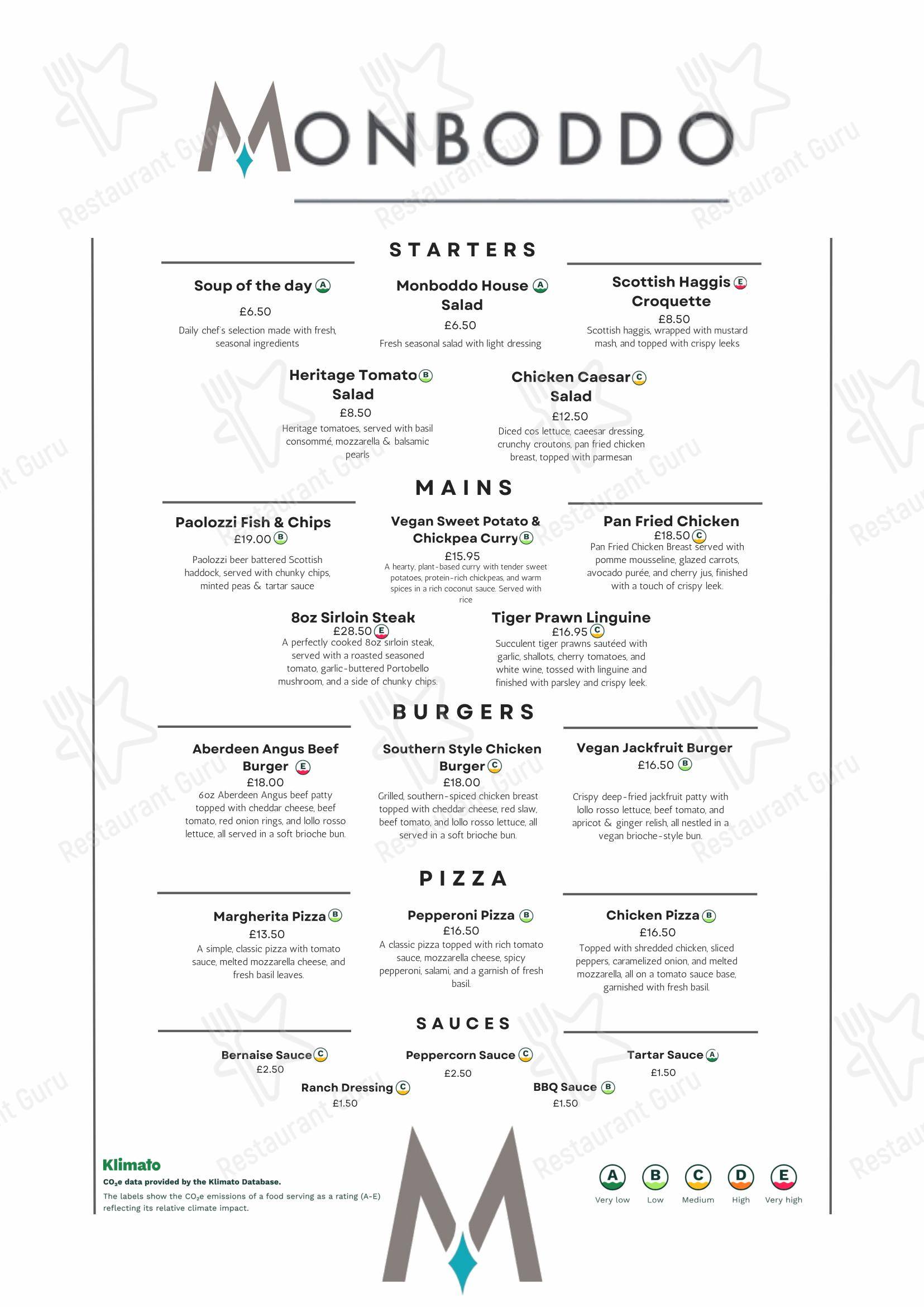 Меню паба и бара Monboddo Restaurant & Bar - Меню