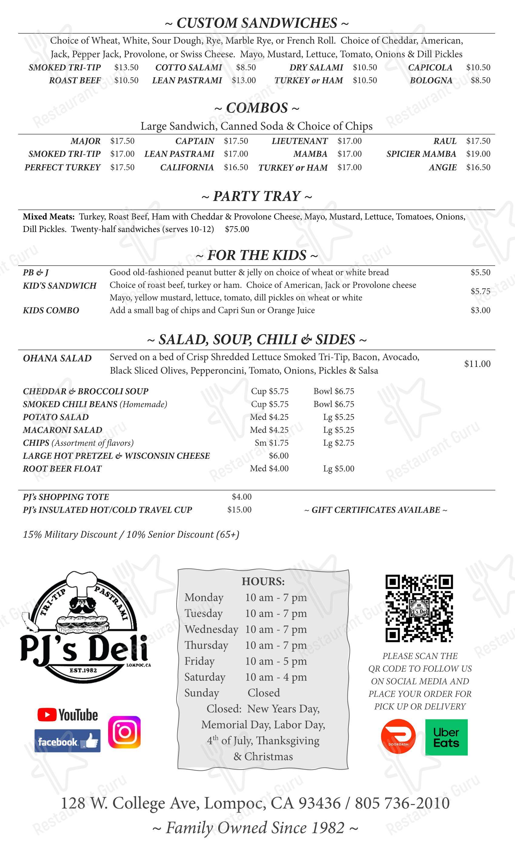 Меню ресторана PJ's Deli