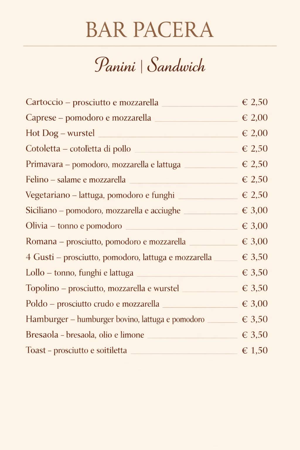 Bar Pacera меню