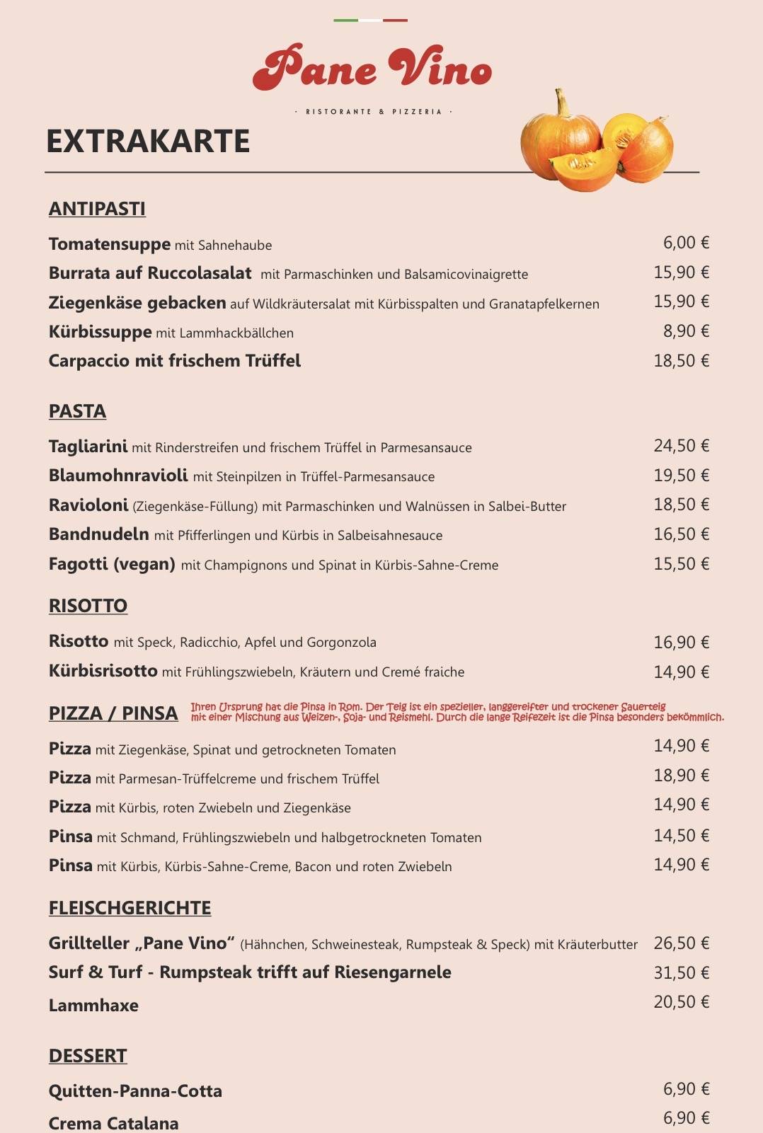 Pane Vino меню