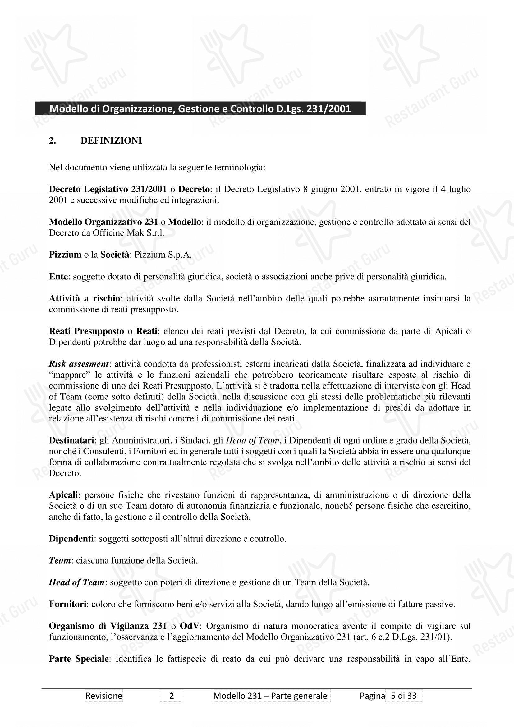Основное меню ресторана Pizzium - Rimini