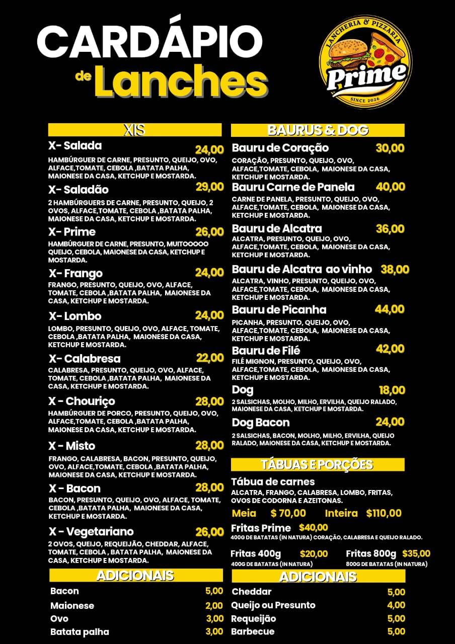 Prime Lancheria e Pizzaria меню