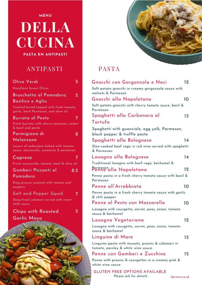 Primo Wood Fired Pizza & Pasta меню