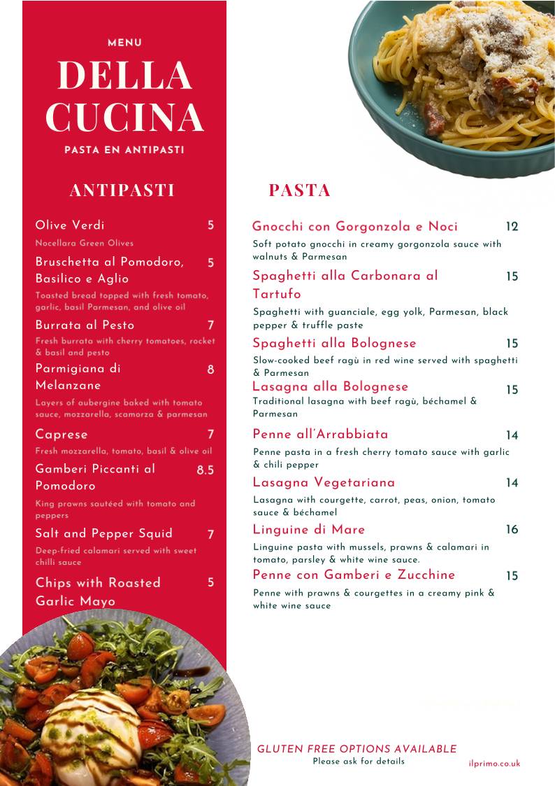 Primo Wood Fired Pizza & Pasta меню