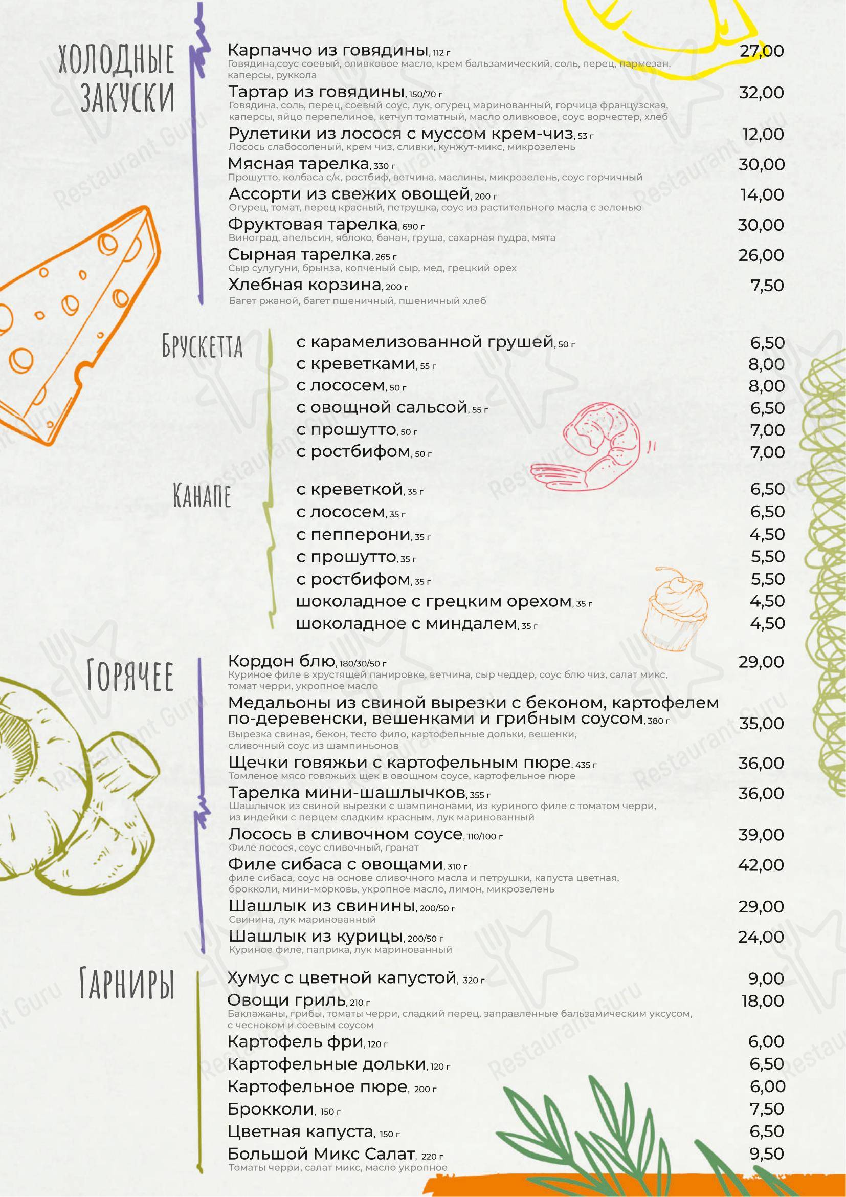 菜单 ресторана Prizma park в Минске