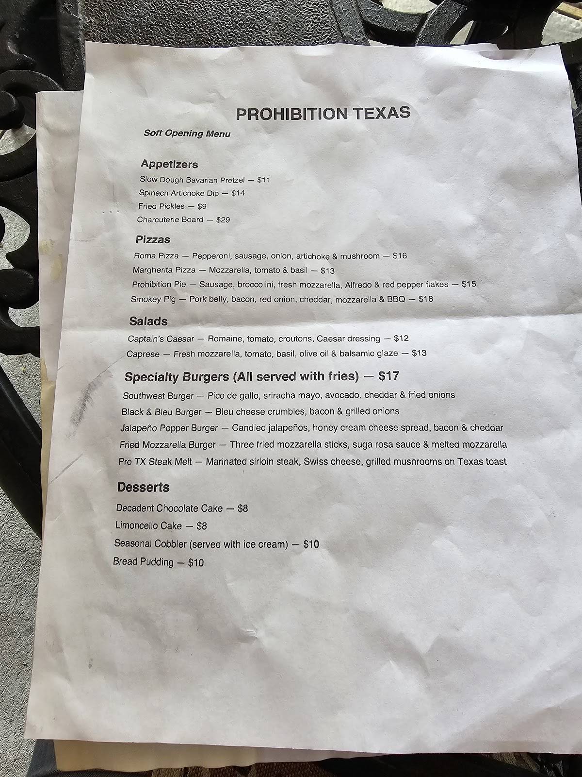 Prohibition Texas меню