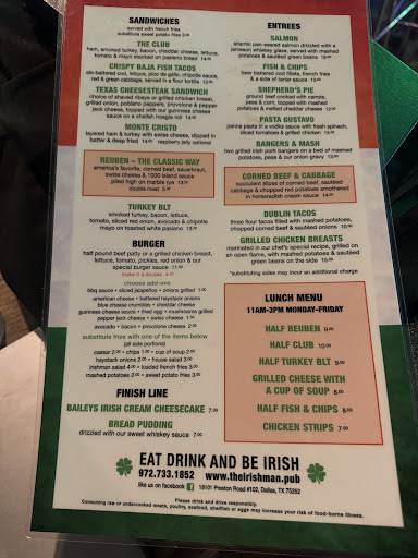 The Irishman Pub меню