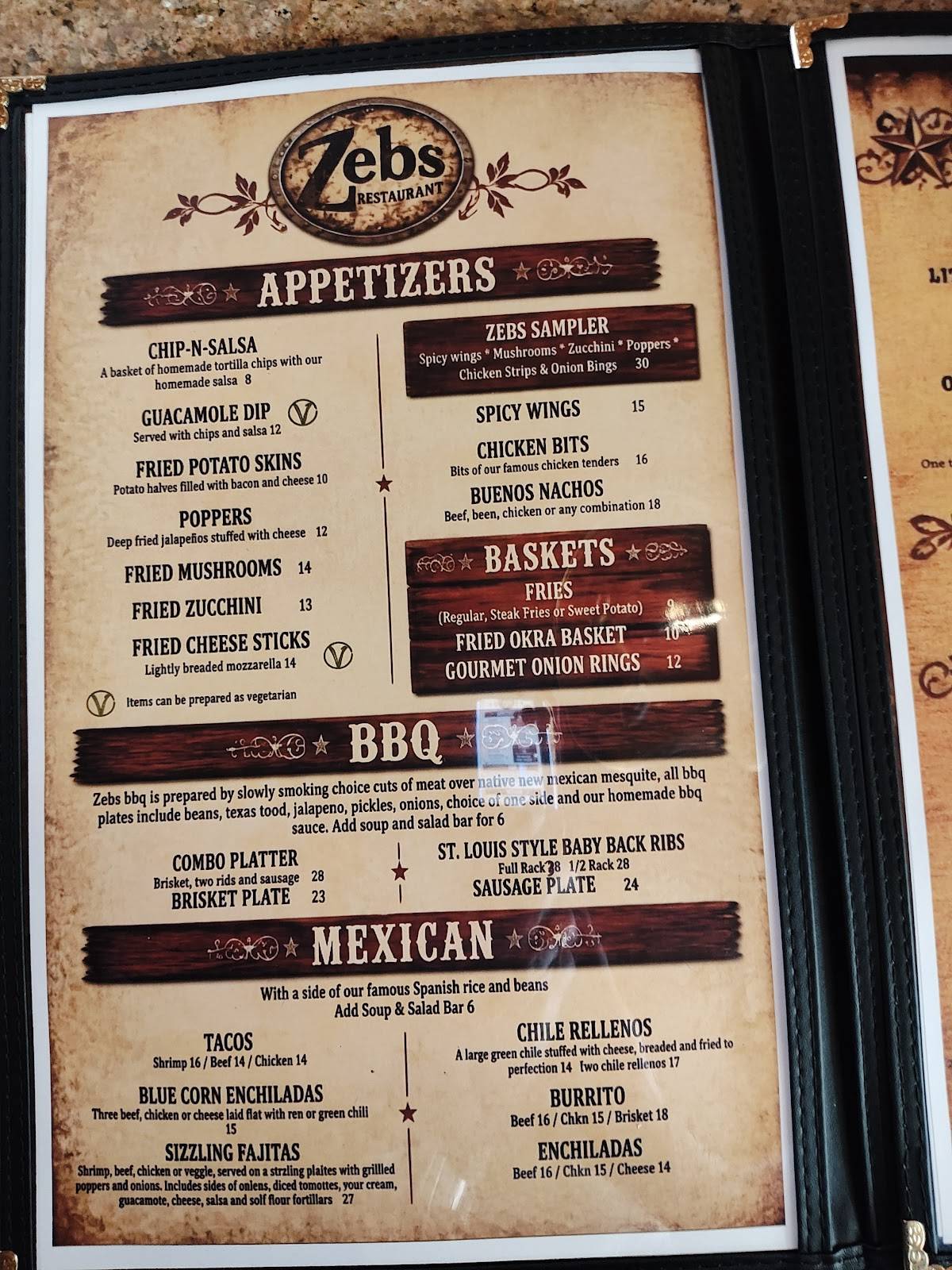 Zebs Restaurant & Bar меню